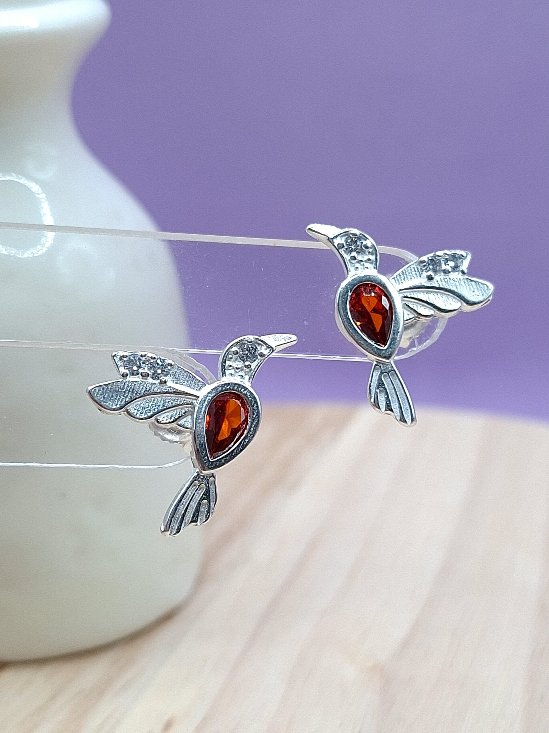 Plata 925 laminada Aros colibrí cristal rojo